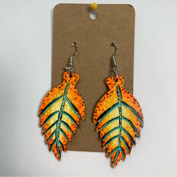 Hand Made Fall Orange Wooden Leaf Earrings Painted Wooden Autumn One of a Kind - Picture 2 of 10